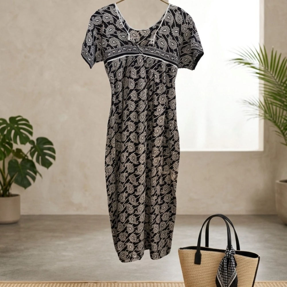 Vtg Handmade Black Tie Back Paisley Maxi Dress Resortwear Boho Coastal Grandma - Picture 2 of 8